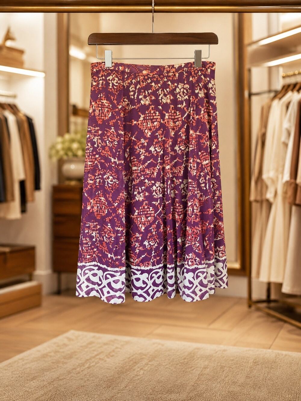 Coldwater Creek Skirt 14 Purple Floral Border Print Midi A Line Lined NWT Career